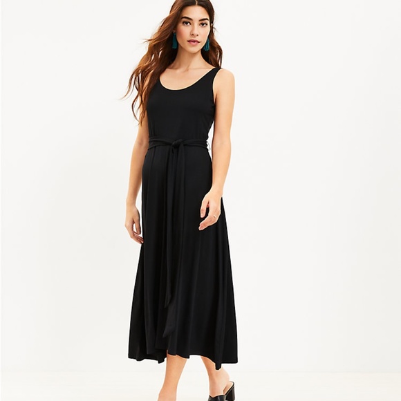 LOFT NWT Black Sundress Tie Waist A Line Midi - Picture 1 of 5